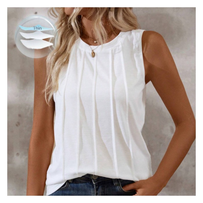 Women's Summer Solid Color Round-Neck Pleated Loose Casual Tank Top