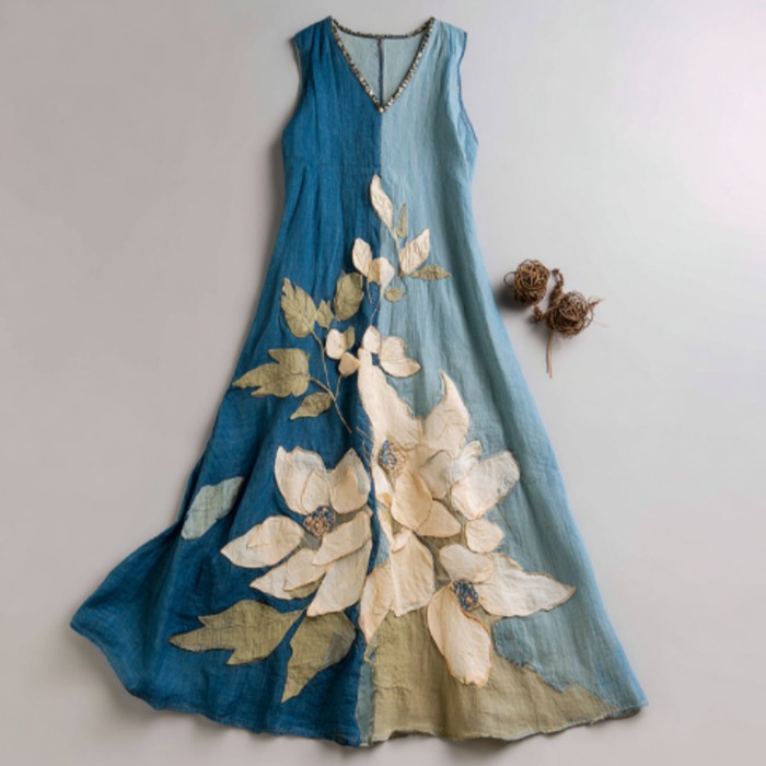 Women's Vintage Oil Painting Floral Art Contrast Color Linen Sleeveless Dress