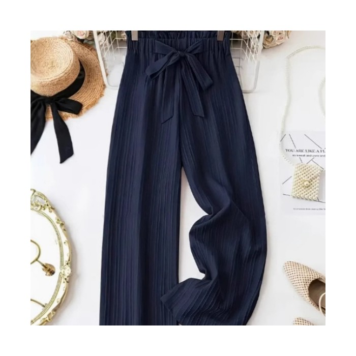 Women's Wide Leg Solid Color Casual Polyester Pant Belt Bow Detail