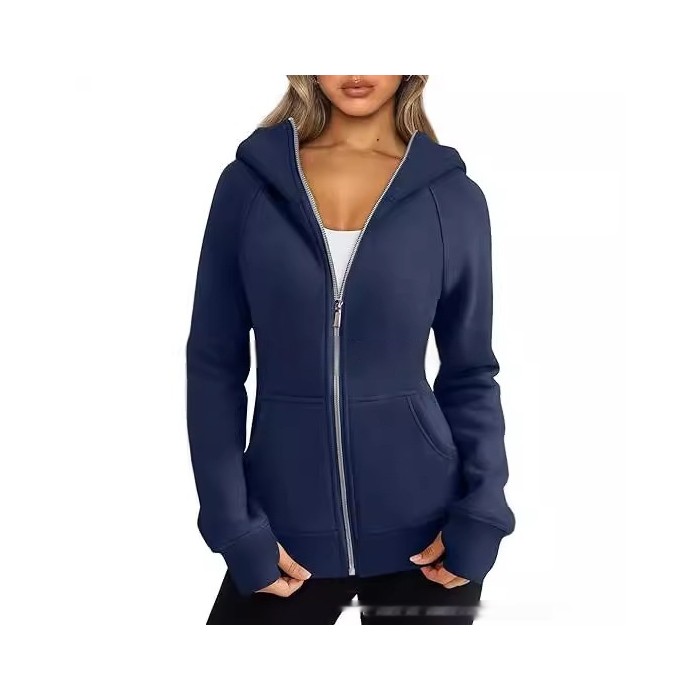 Women's Zipper Short Hood Fleece Lined Solid Color Hoodie Sweater