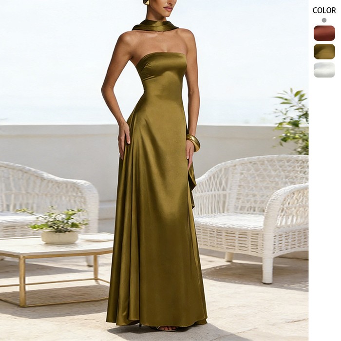 Womens Chest Wrapping Backless Tube-Top Waist-Cinching Evening Gown Long Dress Women'S Solid Sexy Elegant Clothes Party Club Prom Summer Outfit
