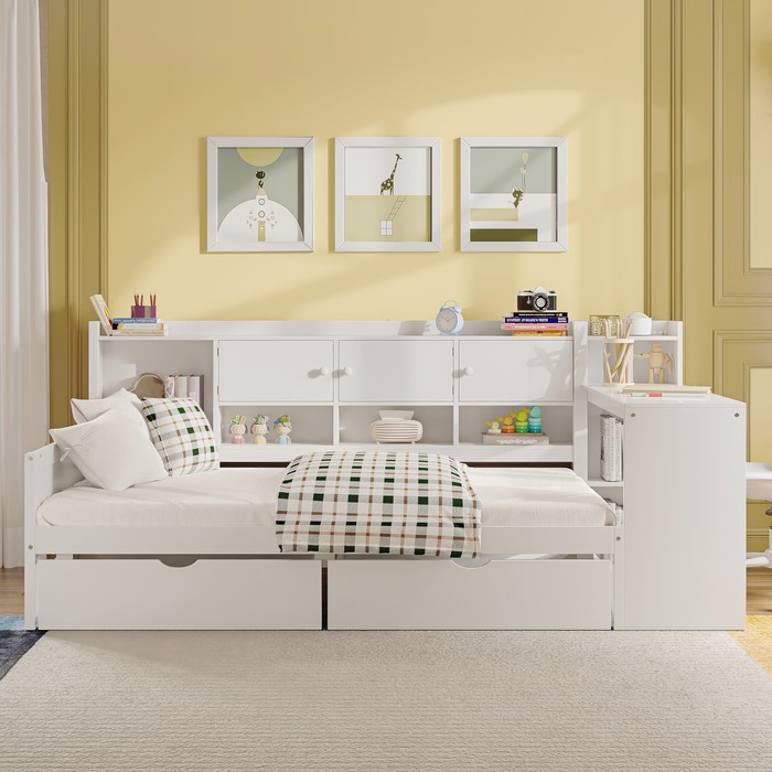 Wooden L-Shape Daybed With Seven Storage Cabinets And Two Storage Drawers, Multi-functional Bed With Study Desk And Built-in Bookshelf, White