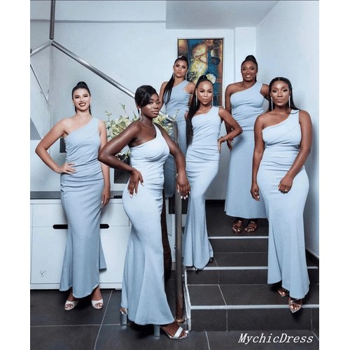Sky Blue One-Shoulder Mermaid Bridesmaid Evening Dress