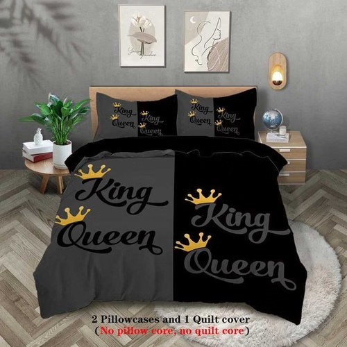 Twin 3-Piece Black Grey Printed Duvet Cover Set With Pillow Cases